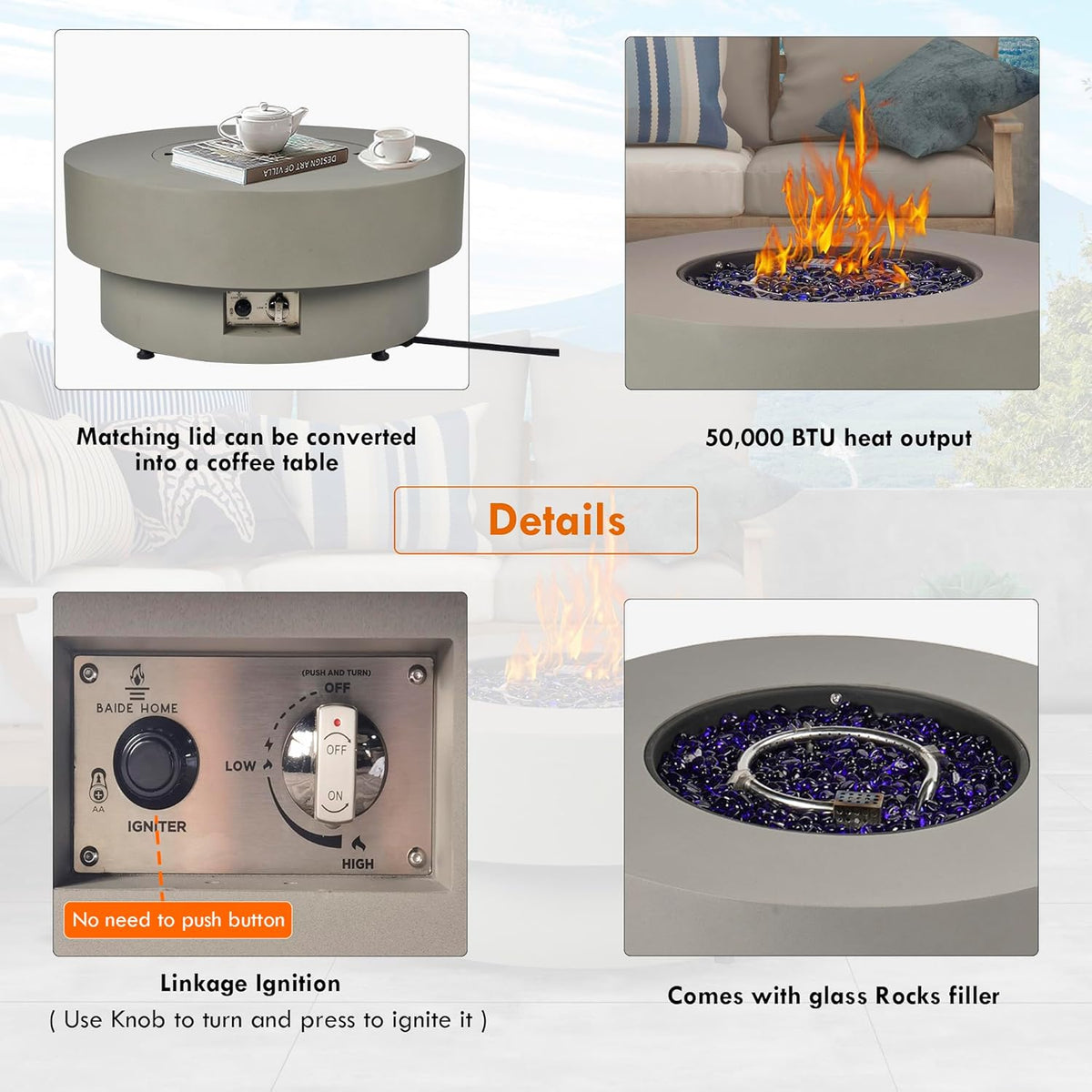 32.5-inch Outdoor Gas Fire Pit Table with Natural Gas Conversion Kit, 50,000BTU Propane Gas Fire Pits for Outside Patio w/Round Burner Lid, Glass Rocks, Cover