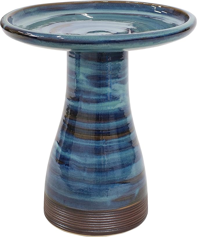 Sunnydaze 21" H Ceramic Bird Bath for Outside - Hand-Painted Outdoor Bird Bath Bowl, UV/Frost-Resistant Finish - Galaxy Blue - Ribbed Pedestal