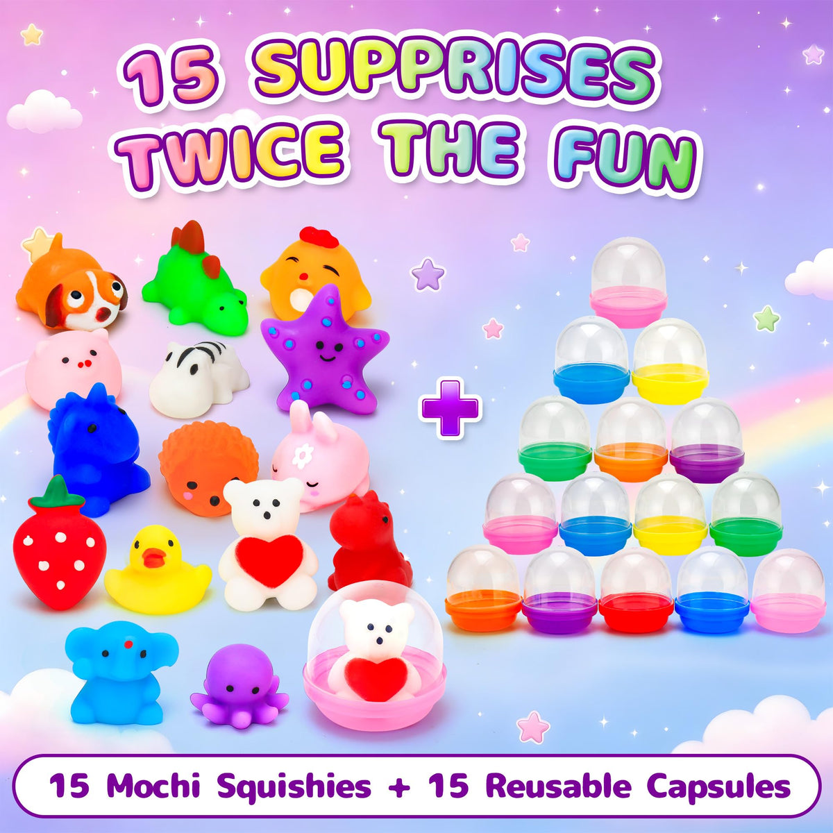 15 Mochi Squishy Toys with 15 Reusable Capsules | On-the-Go Sensory Play, Mess-Free Storage | Perfect Party Favors, Classroom Prizes, Goodie Bag Stuffers, Travel Toys for Kids