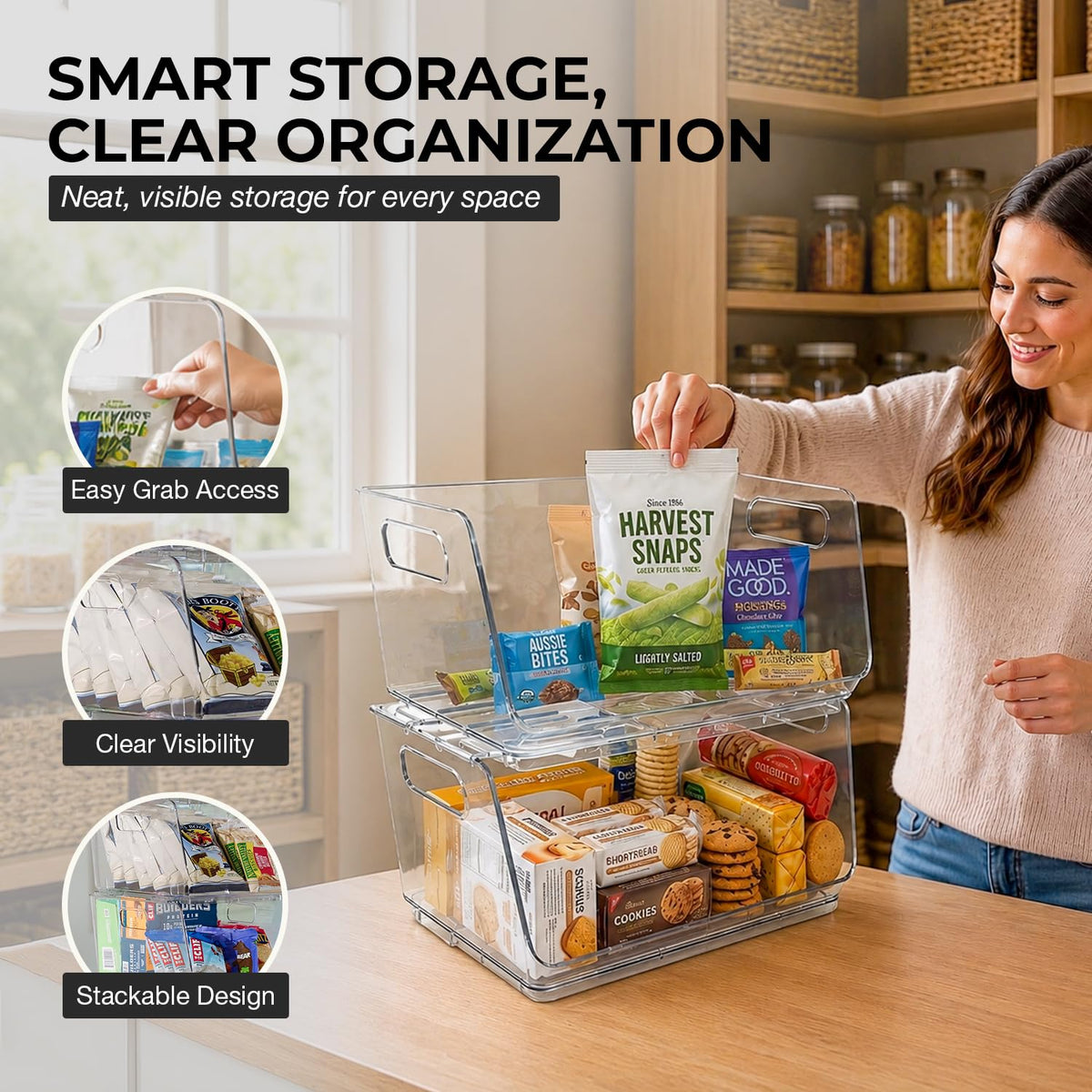ClearSpace Stackable Storage Bins, Front Pantry Organizer, Small, 2 Pack