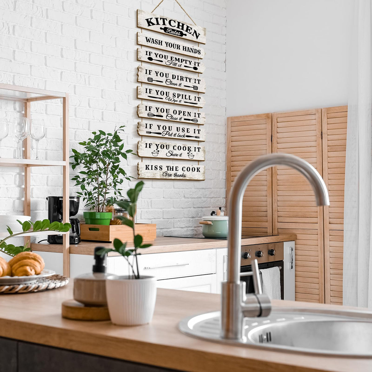 PEKCARGO Kitchen Wall Decor Funny Kitchen Signs Kitchen Rules Pictures Wall Art Decor Rustic Farmhouse Western Kitchen Decor Wooden Sign (White)