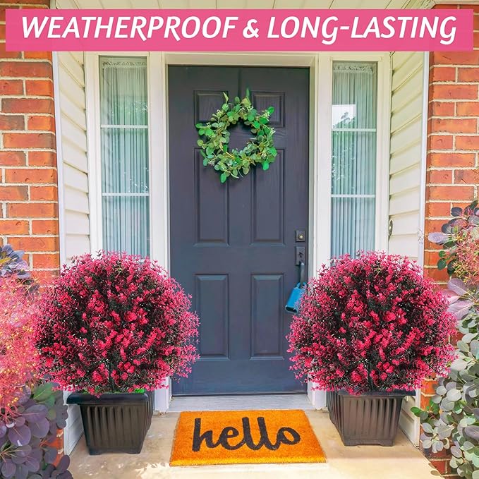 Yunlly 6 Pcs 18 Inch Artificial Boxwood Ball Topiary Tree Fake Outdoor Plants Bush, UV Resistance Faux Shrubs with Spike Realistic Greenery Potted for Indoor Garden Yard Porch Patio Decor (Rose Red)