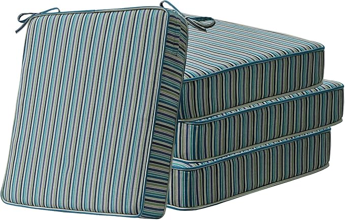 Sunbrella Square Corner Seat Cushions, 19" x 19" x 3", Set of 4, Indoor Outdoor Water Repellent Universal Chair Pads with Ties for Patio Furniture, Garden Dining Chairs, Swell Turquoise