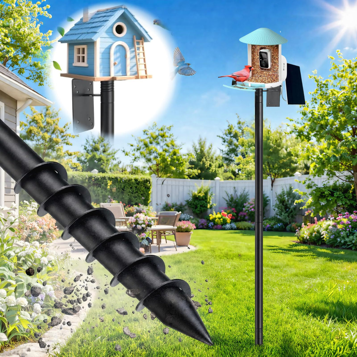 cogardenshower Heavy Duty Bird Feeder Pole - 88" Adjustable Bird House Stand Outdoor, Anti-Tip Auger & Stable Mount for Smart Camera Birdfeeder,Bluebird House, Bird Buddy, Birdfy