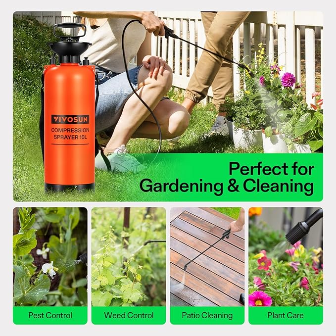 VIVOSUN 2.64-Gallon Pump Pressure Sprayer, Pressurized Lawn & Garden Water Spray Bottle with Adjustable Shoulder Strap, for Plants Spraying, Garden Watering and Household Cleaning