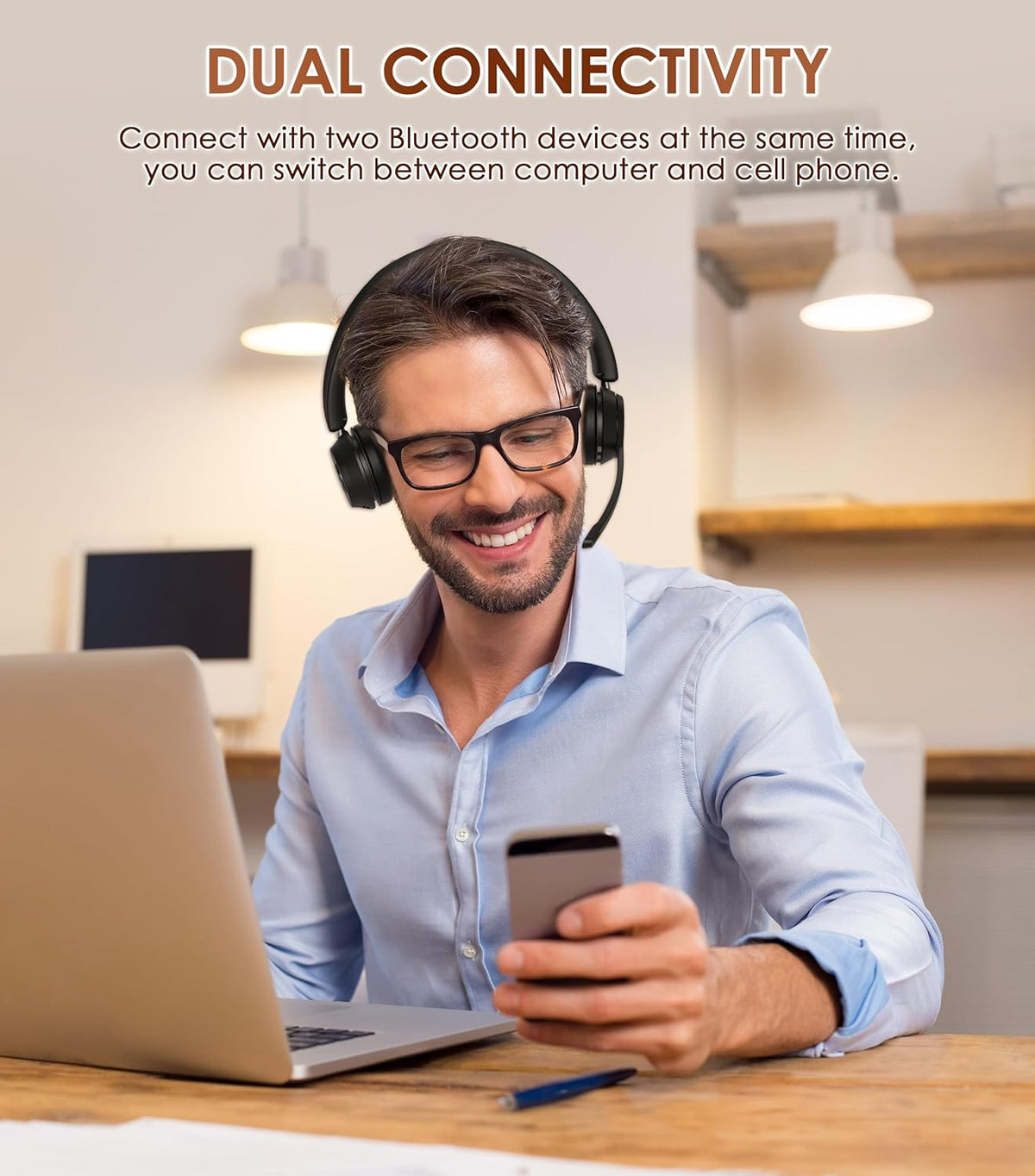 (Upgraded Version) Wireless Headset, Bluetooth Headset with Noise Cancelling Microphone, Best Headphones with Mic Mute & USB Dongle for PC/Computer/Laptop/Cell Phones/Remote Work/Call Center