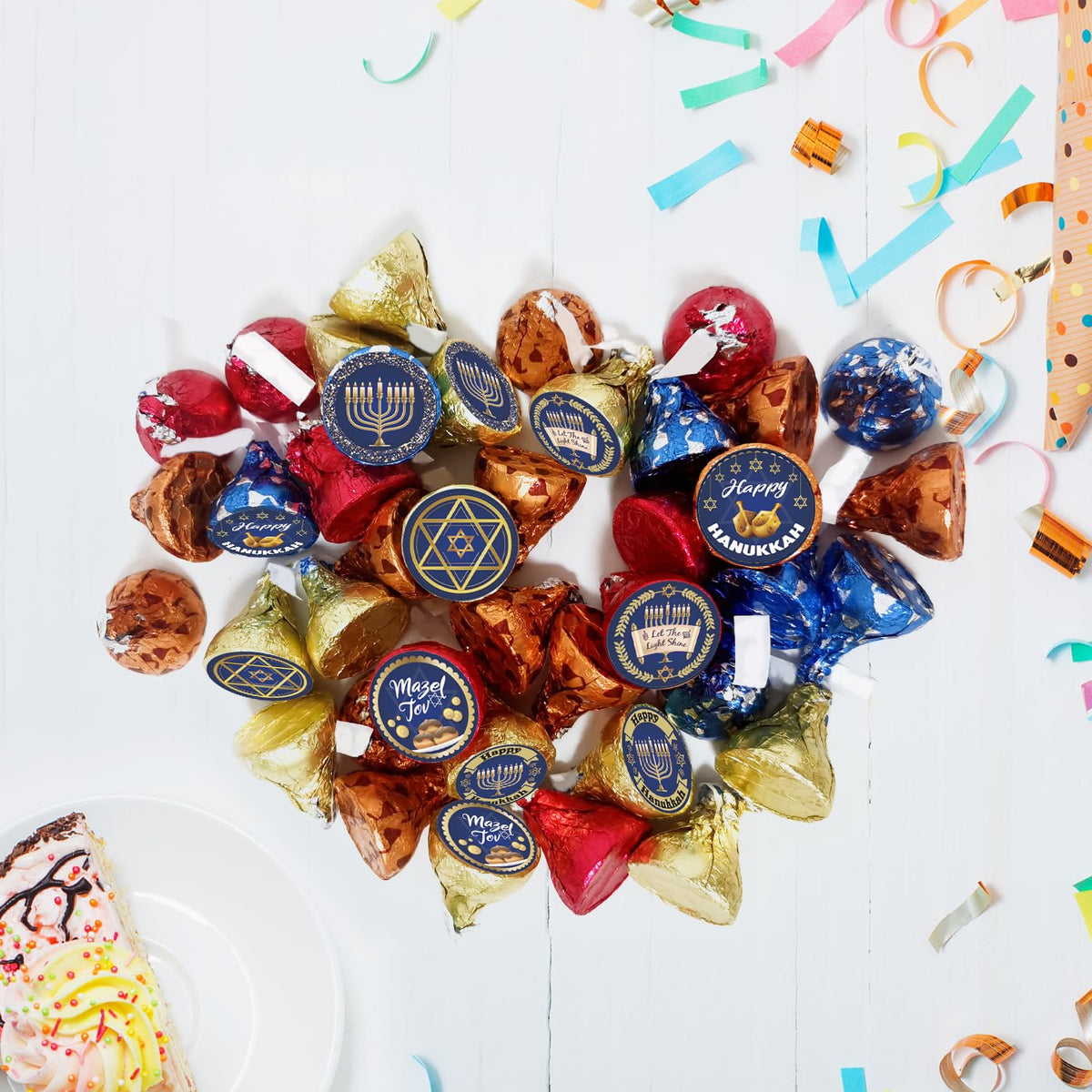 Happy Hanukkah Kiss Sticker Labels - Chanukah Party Round Candy Sticker Favors - Jewish Holiday Labels Fit Chocolate Candy (Set of 150)