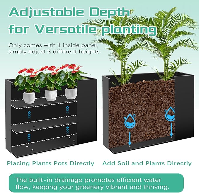 Metal Rectangular Planter Box, Large Planter Boxes Outdoor, 37''L x 13''W x 26''H Heavy Duty Plant Box with Removable Insert Shelf, 3 Tier Adjustable Height Tall Garden Planter for Plants, Flowers