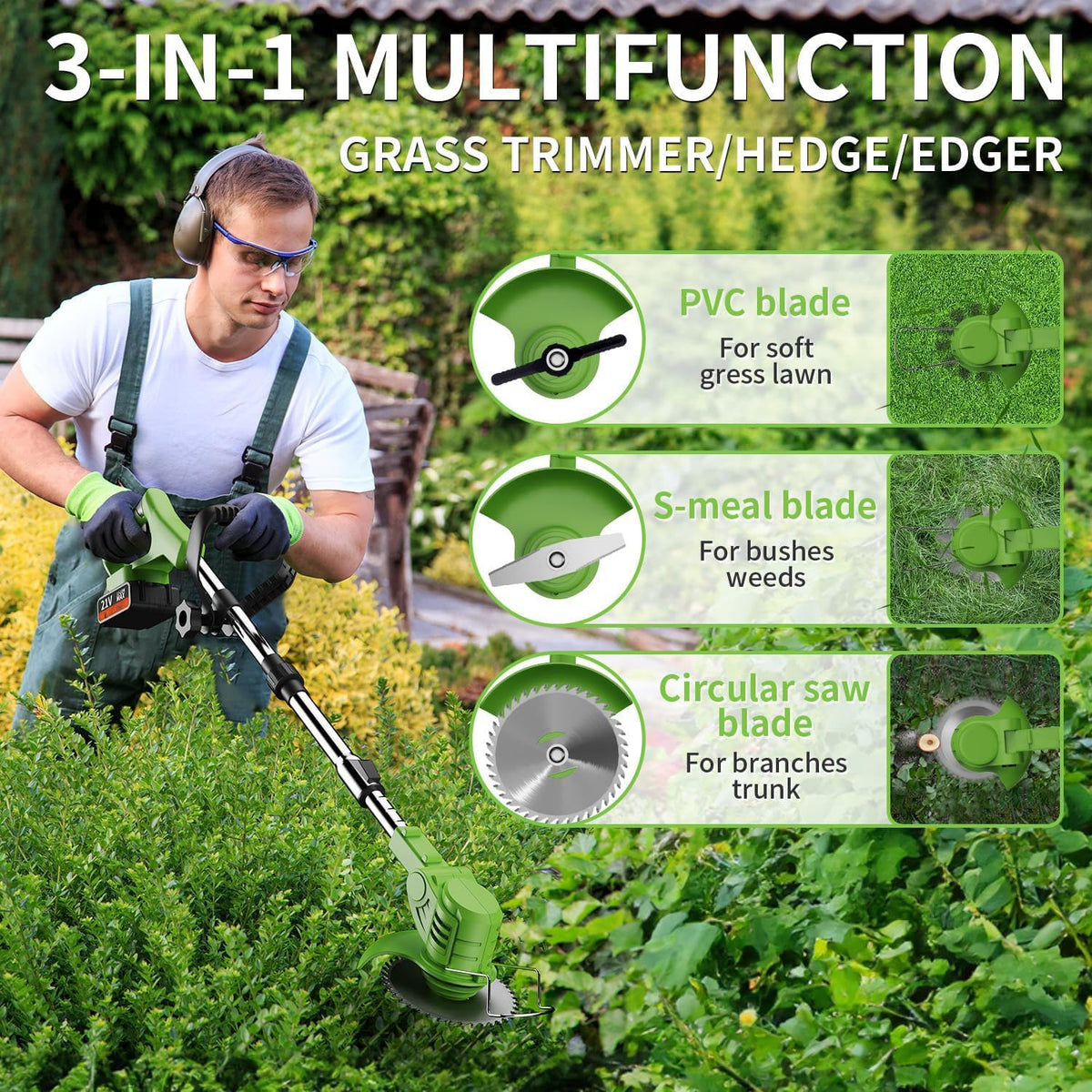 21V Electric Weed Wacker Eater Battery Powered, Cordless Weed Trimmer with 2 Battery Operated & Wheels, 3 in 1 Lightweight Grass Trimmer/Edger/Brush Cutter for Garden Yard Lawn
