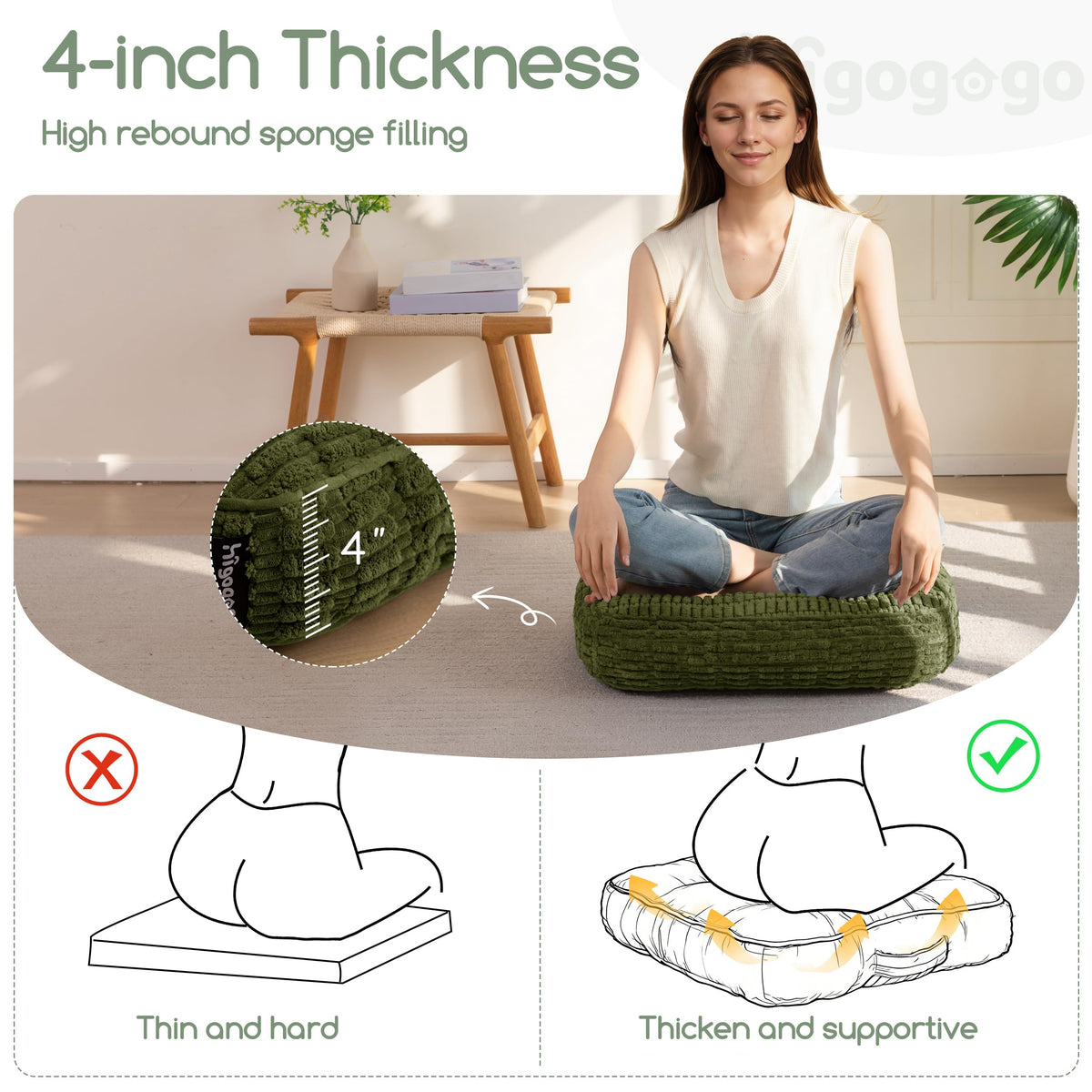HIGOGOGO Floor Pillow Cushion for Adults, Meditation Cushion Pillow, Blended Corduroy Cover, Large Square Floor Sitting for Tatami Living Room or Yoga, 2Pack, Dark Green
