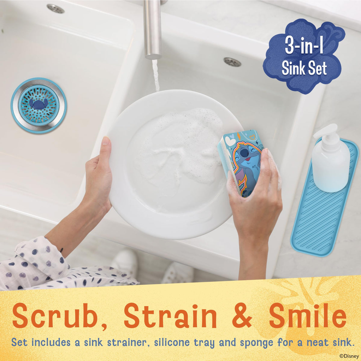 Disney Stitch Sink Drain Strainer, Dish Sponge & Silicone Sink Tray Set