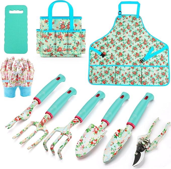 Garden Tools Set WANCHI 10 Piece Heavy Duty Floral Garden Tool Set Gardening Gifts for Women Men Birthday Rust-Proof Aluminum Garden Hand Tools Gardening Kit with Tote Bag Apron Glove
