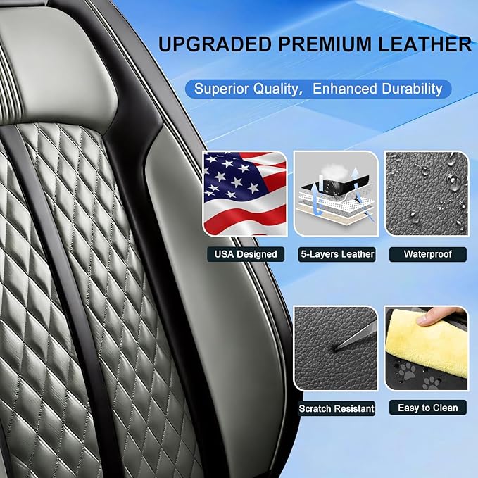 Fit HR-V Car Seat Covers for Honda HRV 2016-2025 2026 LX/EX/EXL/Sport - Full Coverage Leather, Airbag Compatible, Breathable Waterproof All Weather Seat Protector, Front Pair Black+Gray