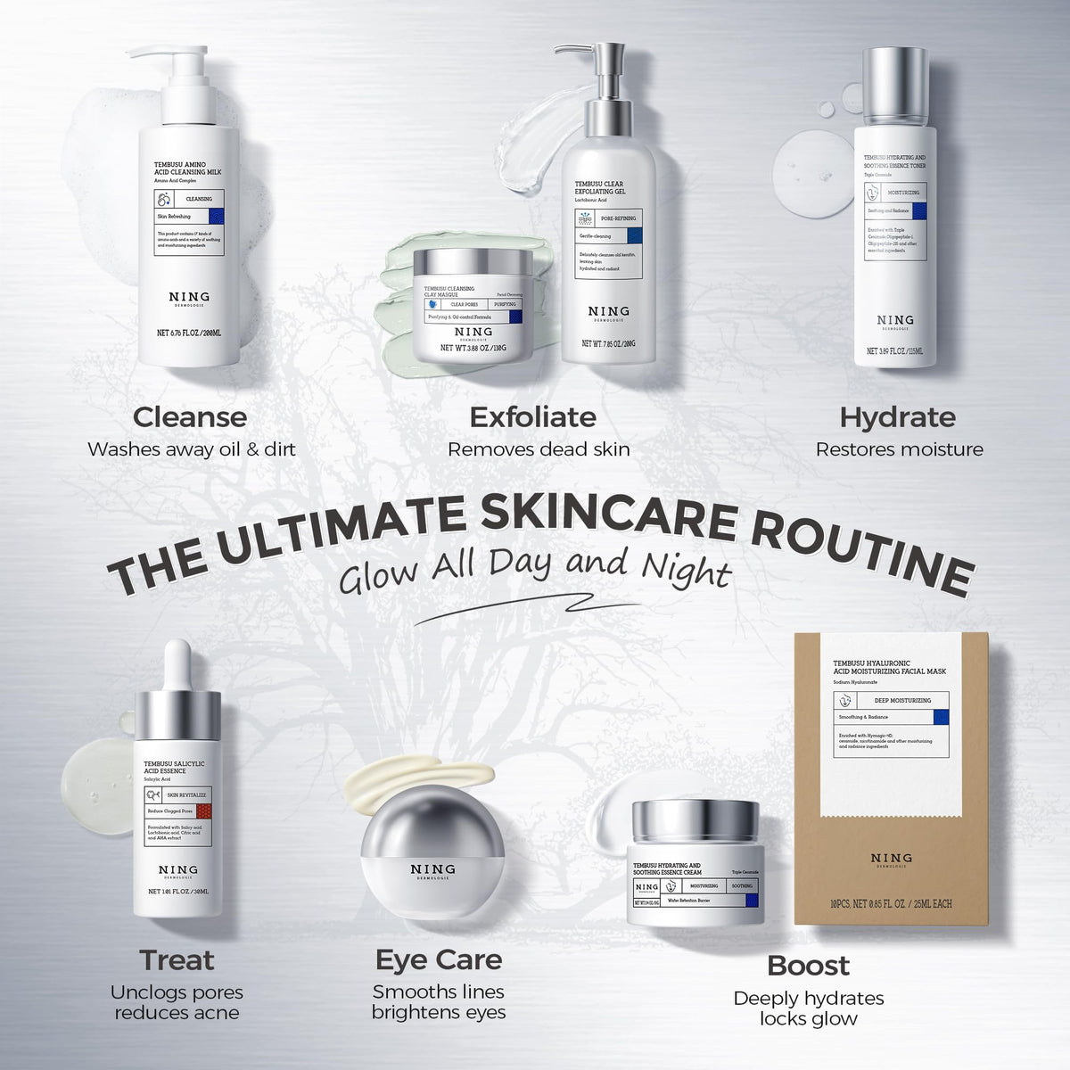 NING Korean Skin Care Set Anti Aging, 8-Step Tembusu Skincare Kit for Women