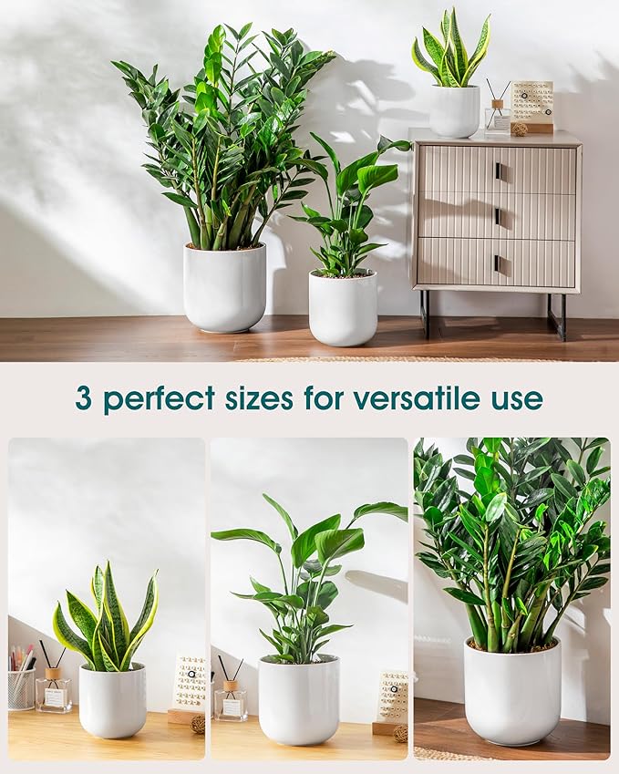 vancasso 6+8+10 inches Ceramic Plant Pots, Set of 3, Planters with Drainage Hole, Flower Pots Planters Pots for Indoor Plants, Modern Indoor Decorative Garden Pot, Home Decor, White