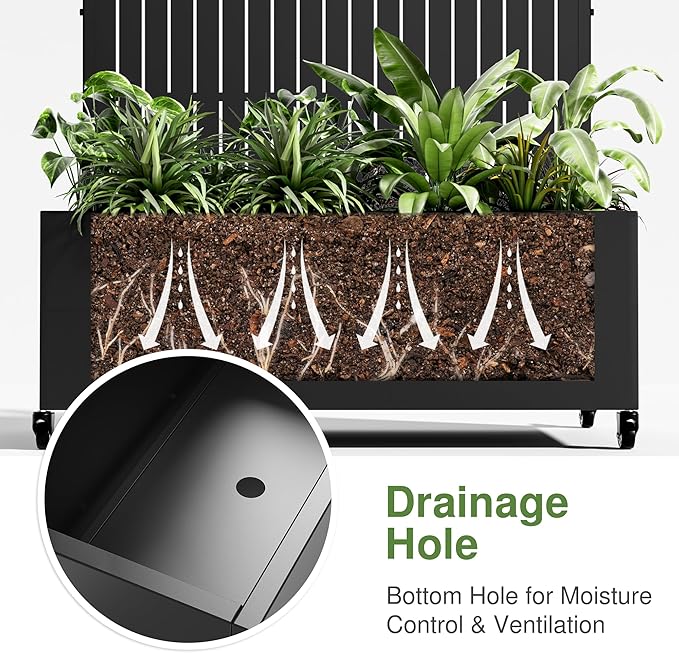 Casaphoria Metal Raised Garden Bed with Trellis and Wheels, 47"x47"x16" Planter Box for Climbing Plants, Vegetables & Vines, Features Drainage Holes and Privacy Screen (Black-Fence)