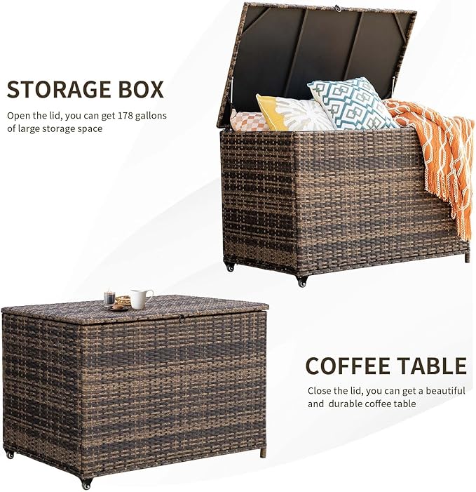178 Gallon Outdoor Storage Box, Handle Large Portable Wicker Rattan Deck Box for Patio Furniture Cushions, Patio Deck Box with 2 WheelsThrow Pillows, Garden Tools and Pool Floats (Brown)