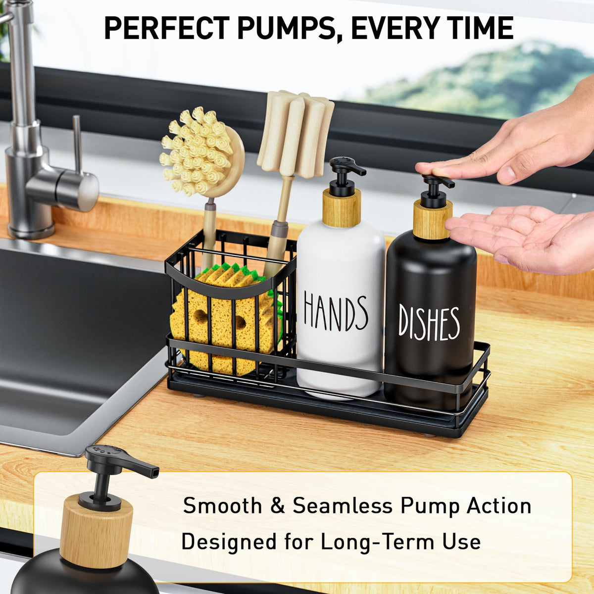 Moforoco Kitchen Dish Soap Dispenser Set, 16OZ Glass Bottle, Hand and Dish Soap Dispenser Set, Instant Dry Tray, Brush Holder with Smiley Face Sponge Holder (Universal Black Tray+Black&White Bottle)