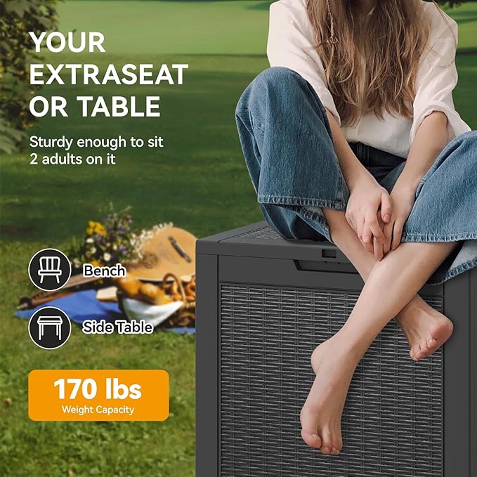 KAMABOKO 31 Gallon Outdoor Storage Box, Resin Deck Boxes Indoor and outdoor, Waterproof Storage Box Lockable Lid for Garden Tools, Package Delivery, Pool Supplies, Patio Cushions, Black