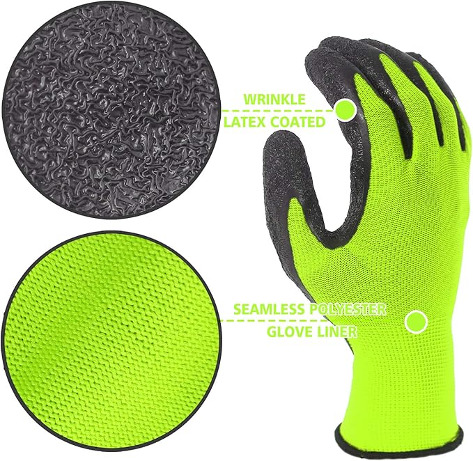 Evridwear Crinkle Latex Rubber Hand Coated Safety Work Gloves for Men Women General Multi Use Construction Warehouse Gardening Assembly Landscaping (XS,12 Pairs Pack)