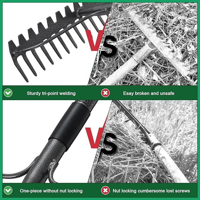 49'' Bow Rake ，17 Tines Metal Head Rakes with Stainless Steel Handle，Heavy Duty Garden Rake for Loosening Soil Gathering Leaf Leveling Lawn Farming Land Management Yarn Thatch Rake