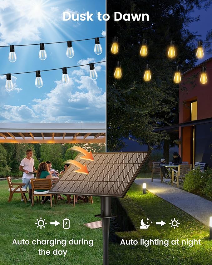 Solar Powered 150FT Outdoor String Lights 35+2 LED Bulbs Waterproof Shatterproof Remote Control Dimmable Extra Long Hanging Lights for Large Yard Deck Market Cafe Event Lighting