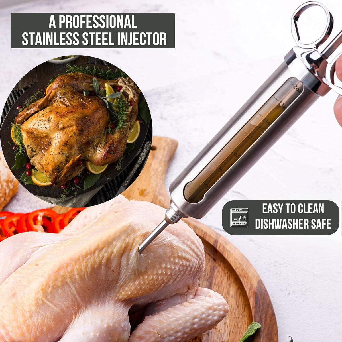 Professional Meat Injector Marinade Syringe Kit for Smoking & Grilling Turkey, Brisket & BBQ - Large 2 Oz Visible Stainless Steel Capacity - Never Leaks or Clogs + Safe Grill Cleaner & Flavor Brush