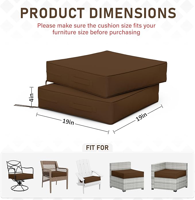 Patio Chair Cushions 19 X 19 X 4 Inch Waterproof Outdoor Seat Cushions for Patio Furniture, Outdoor Sofa Couch Pads with Ties & Handle, Set of 2, Chocolate