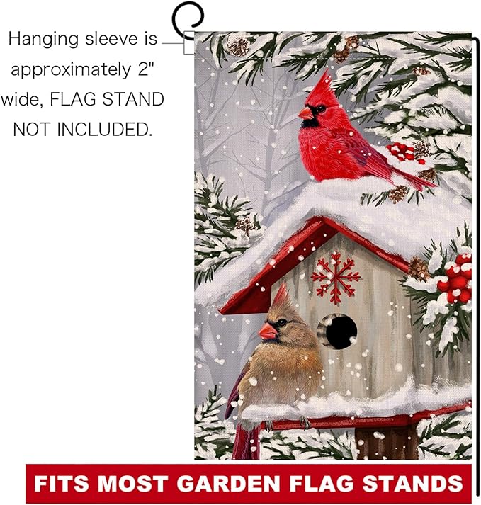 BLKWHT Winter Cardinal Bird Garden Flag 12x18 Vertical Double Sided Trees Snow Christmas Holiday Outside Decorations Burlap Yard Flag BW735