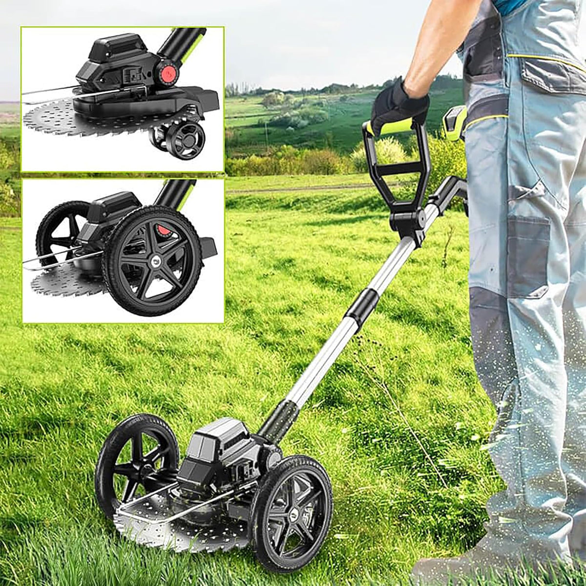 4 in 1 Cordless Weed Eater Pro, Electric Weed Wacker, Grass Trimmer Battery Powered with 2 Batteries, Brush Cutter & Grass Trimmer & Lawn Edger & Four-Wheel Assist with 3 Types of Blades