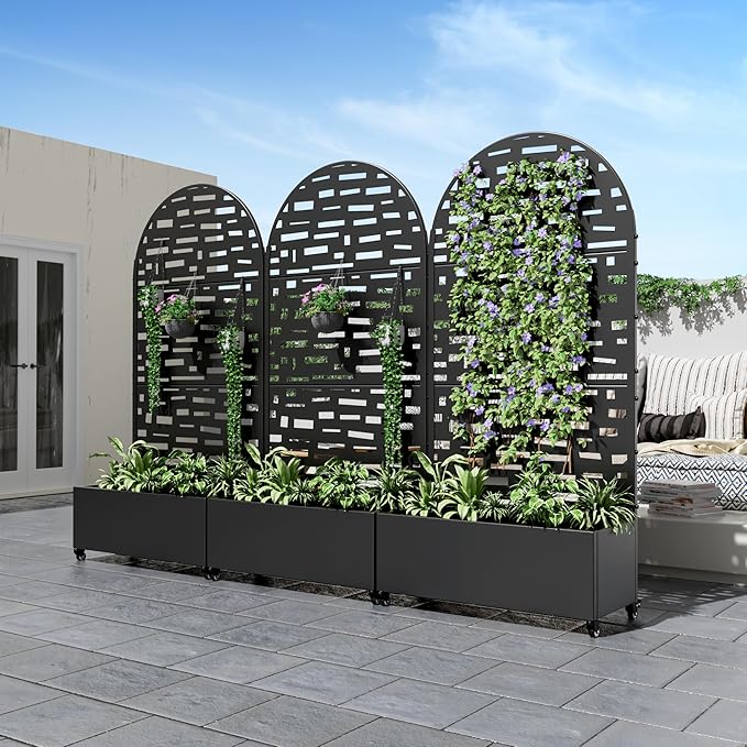 Casaphoria Metal Raised Garden Bed with Trellis and Wheels, 72"x35"x16" Arched Planter Box for Climbing Plants, Vegetables & Vines, Features Drainage Holes and Privacy Screen (Black-Gerald)