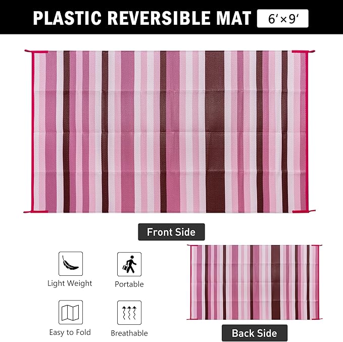 Outdoor Waterproof Rug 6'x9' Plastic Straw Rugs Washable Reversible Floor Mat Pink Stripe Carpet for Camping RV Deck Entryance Porch Picnic Balcony Beach Backyard