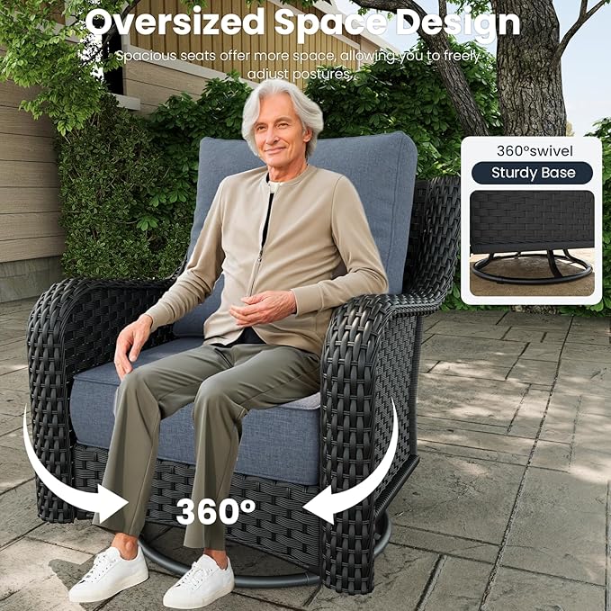 7 Pieces Outdoor Patio Furniture Sets with Rocking Swivel Chairs with 6-inch Thick Cushion and Fire Pit Table for Deck Lawn