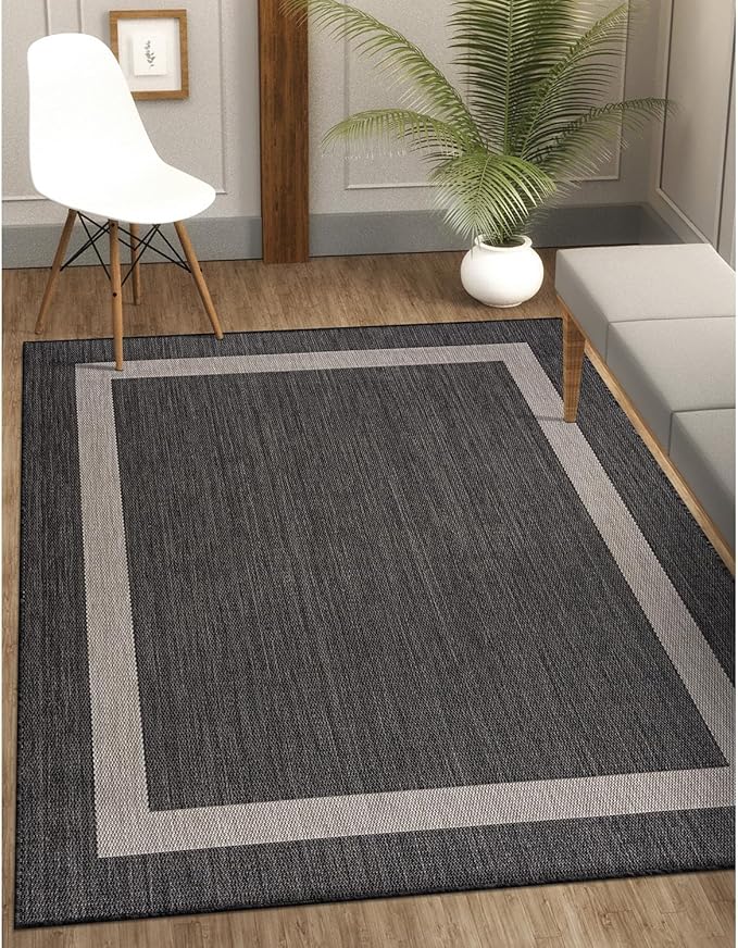 CAMILSON Outdoor Rug 6x9,Modern Outside Rugs for Patios Porches Waterproof Durable Washable Non-Shedding, Easy-to-Clean Indoor Outdoor Area Carpet (6 x 9, Bordered - Dark Gray/Light Gray)