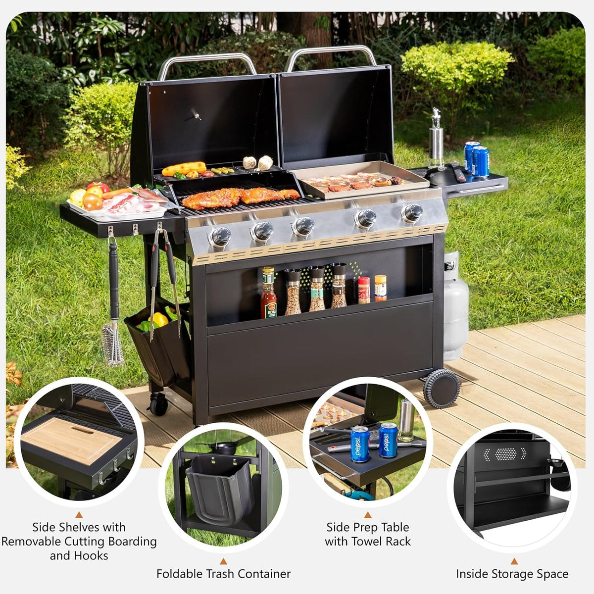 Sophia & William Propane Gas Grill and Griddle Combo with Porcelain-Enameled Cast Iron Grates, Dual Outdoor BBQ Grill with Flat Top Griddle for Barbecue, 696 SQ.IN. Cooking Area