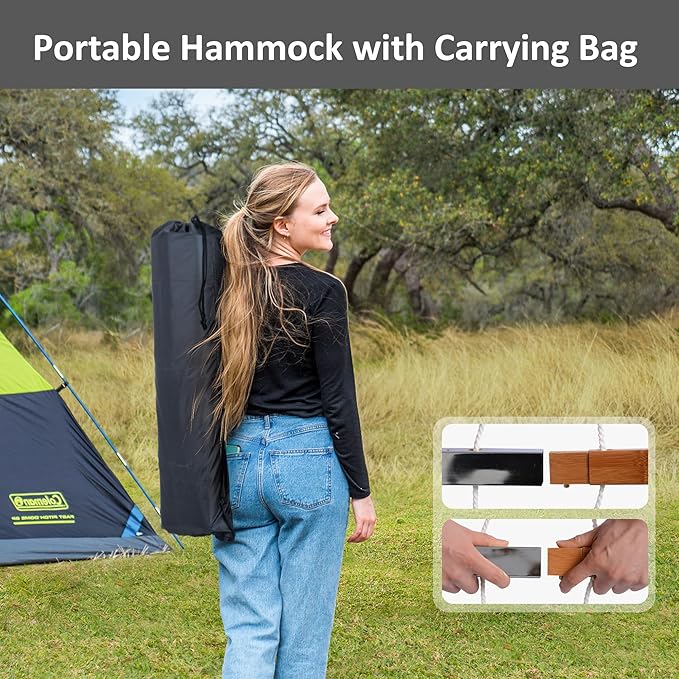 SUNCREAT Hammocks Extra Large Hammock with Stand Included, Double Hammock with Curved Spreader Bar, Black Stripes