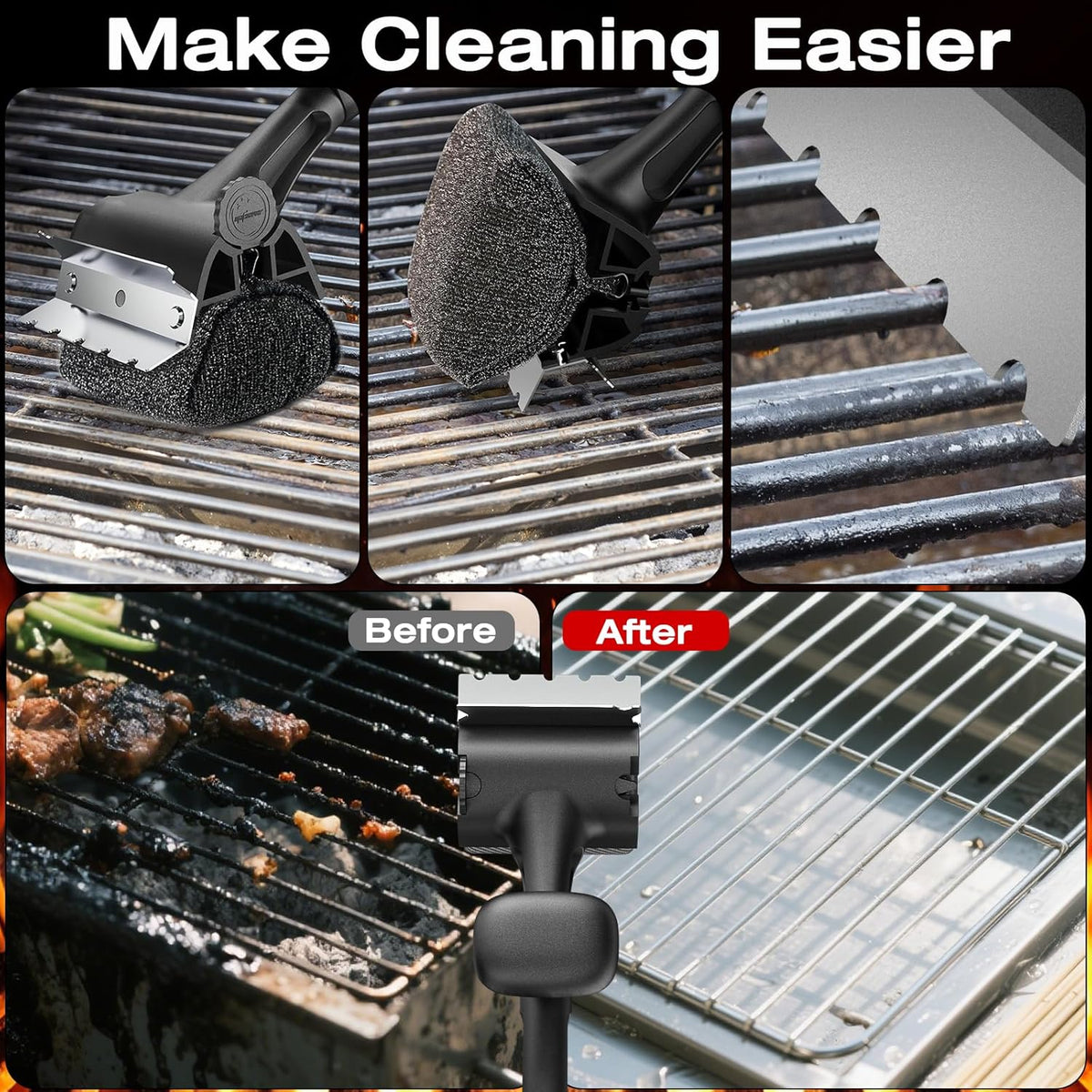 Grill Brush for Outdoor BBQ - Replaceable Bristle Free Heading + Reinforced Scraper - Safe BBQ Accessories for Porcelain/Gas/Charcoal/Smoker/Cast Iron Grill - Cleaning Brush(Black)