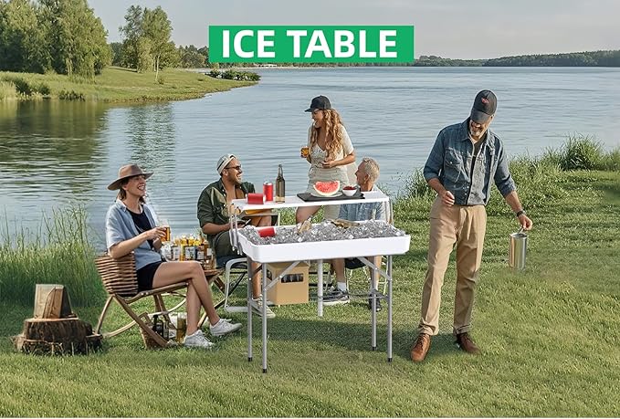 Portable Folding Ice Cooler Table with Skirt & Drain & Shelving, Outdoor Foldable Drink Ice Table with Storage for Camping, Picnics, BBQ & Parties,