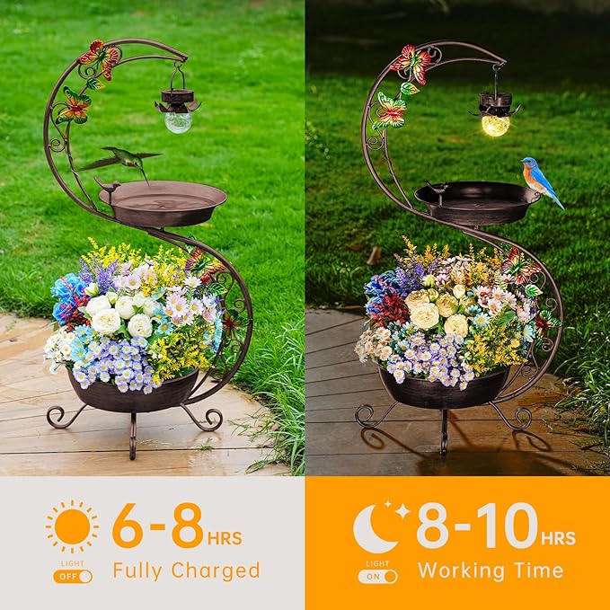Bird Bath for Outside with Solar Lamp, 36" Birdbaths for Outdoors with Planter Flower Pot, Metal Bird Bath Bowl for Garden Yard Decor (All Vintage Brown)