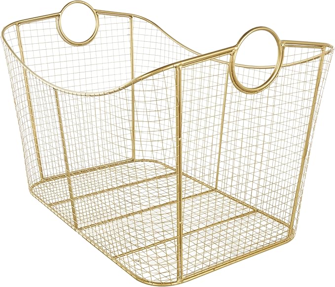 Deco 79 Metal Geometric Decorative and Functional Storage Basket Wire Grid Basket Organizer with Curved Edges Ring Handles, Basket for Storage 30" x 20" x 20", Gold