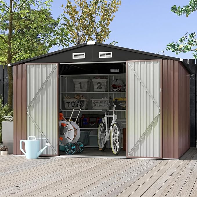 Aoxun 10x8 FT Outdoor Storage Shed with Double Hinged Large Door Utility Garden Shed with Lockable Door & Sloped Roof Metal Sheds Outdoor Storage for Garden, Backyard, Patio and Backyard, Brown