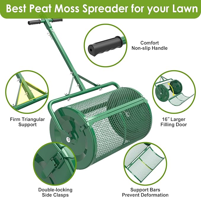 Seeutek Compost Spreader - 24" Peat Moss Spreader with 3 Heights, Top Soil Spreader W/Upgraded Side Latches Support Rod Powder Coated Metal Mesh Top Dressing Spreader for Lawn, 2 Way Uses-Push or Tow