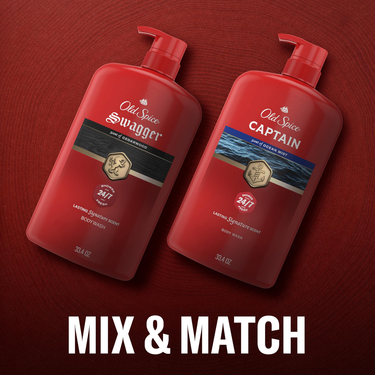 Old Spice Body Wash for Men, 24/7 Shower Fresh with Long Lasting Scent, Refreshing 3X Defense, Red Collection, Swagger with Cedarwood Scent, 33.4 oz (Pack of 4)