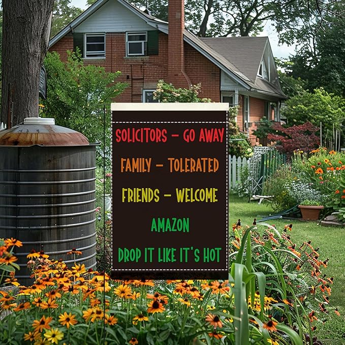 Funny Welcome Sarcastic Garden Flag Outdoor Decorations Go Away Family Tolerated Friends Small Double Sided Burlap art Stained Glass Style Garden Flags 12 x 18 Inch for Outside