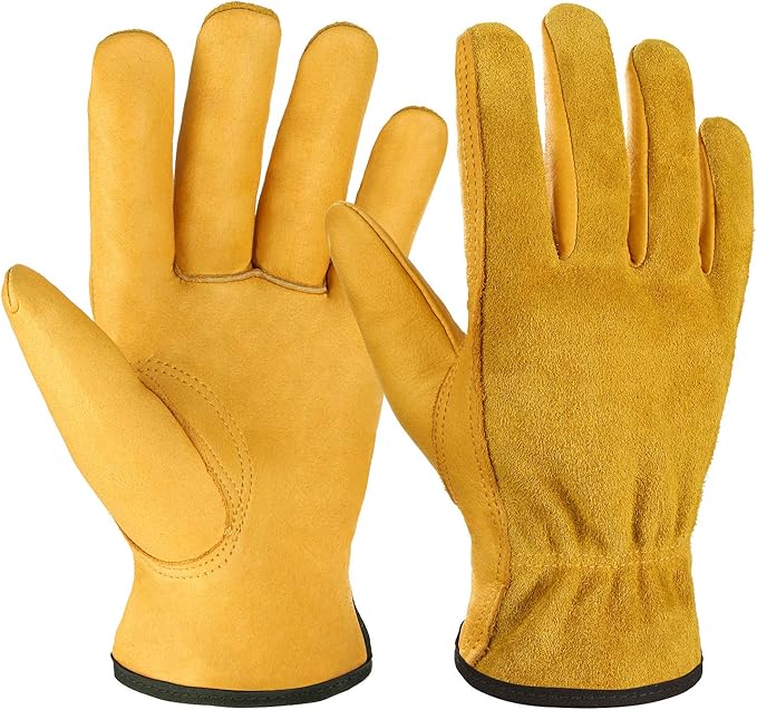 OZERO Leather Work Gloves Flex Grip Tough Cowhide Gardening Glove for Wood Cutting/Construction/Driving/Garden for Men and Women 1 Pair (Gold,Large)