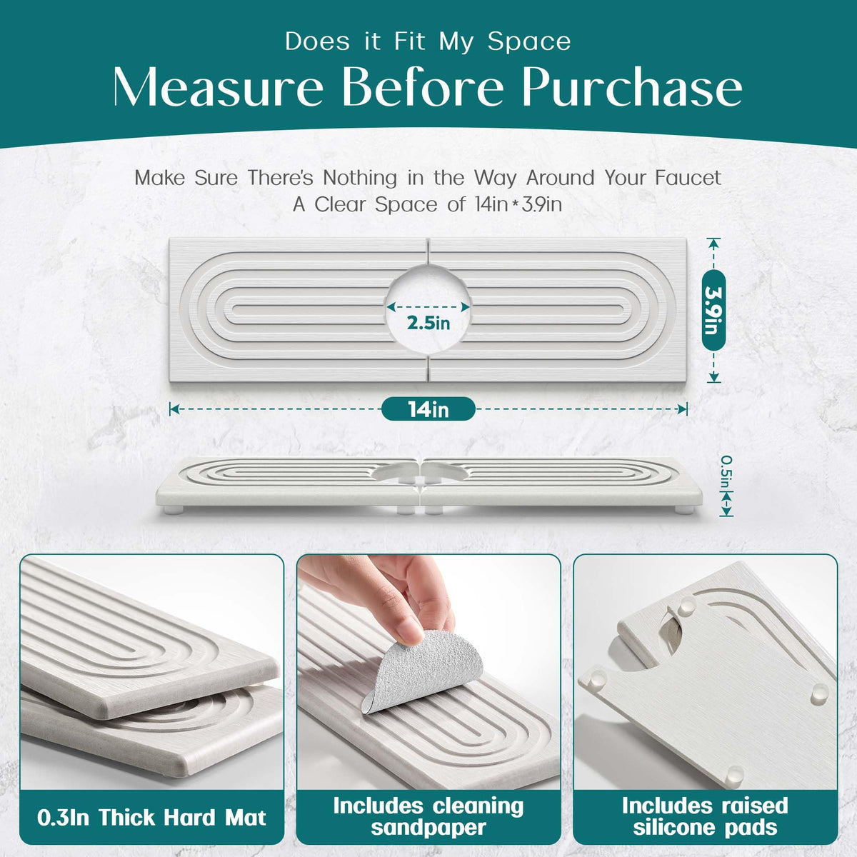 eormoe Diatomite Kitchen Faucet Mat - 14Inch Water Absorbing Stone Tray for Sink, Stone Fast-Drying Faucet Mat for Kitchen Counter Sink Accessories (Light Grey, 14'' x 3.9'')