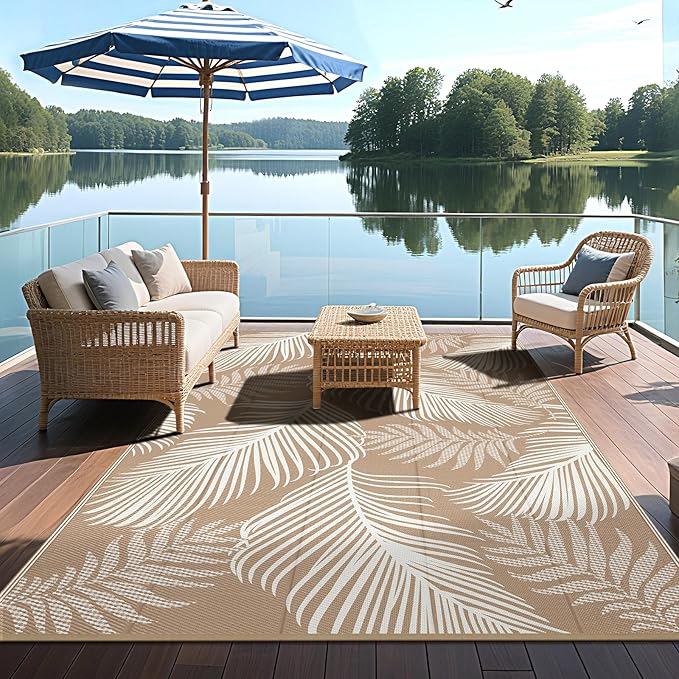 Pauwer Waterproof Outdoor Rug 5x8, Reversible Plastic Straw Patio Camping Rug, Indoor Outdoor RV Mat Carpet for Deck, Camper, Porch, Balcony, Backyard, Picnic, Leaf Brown