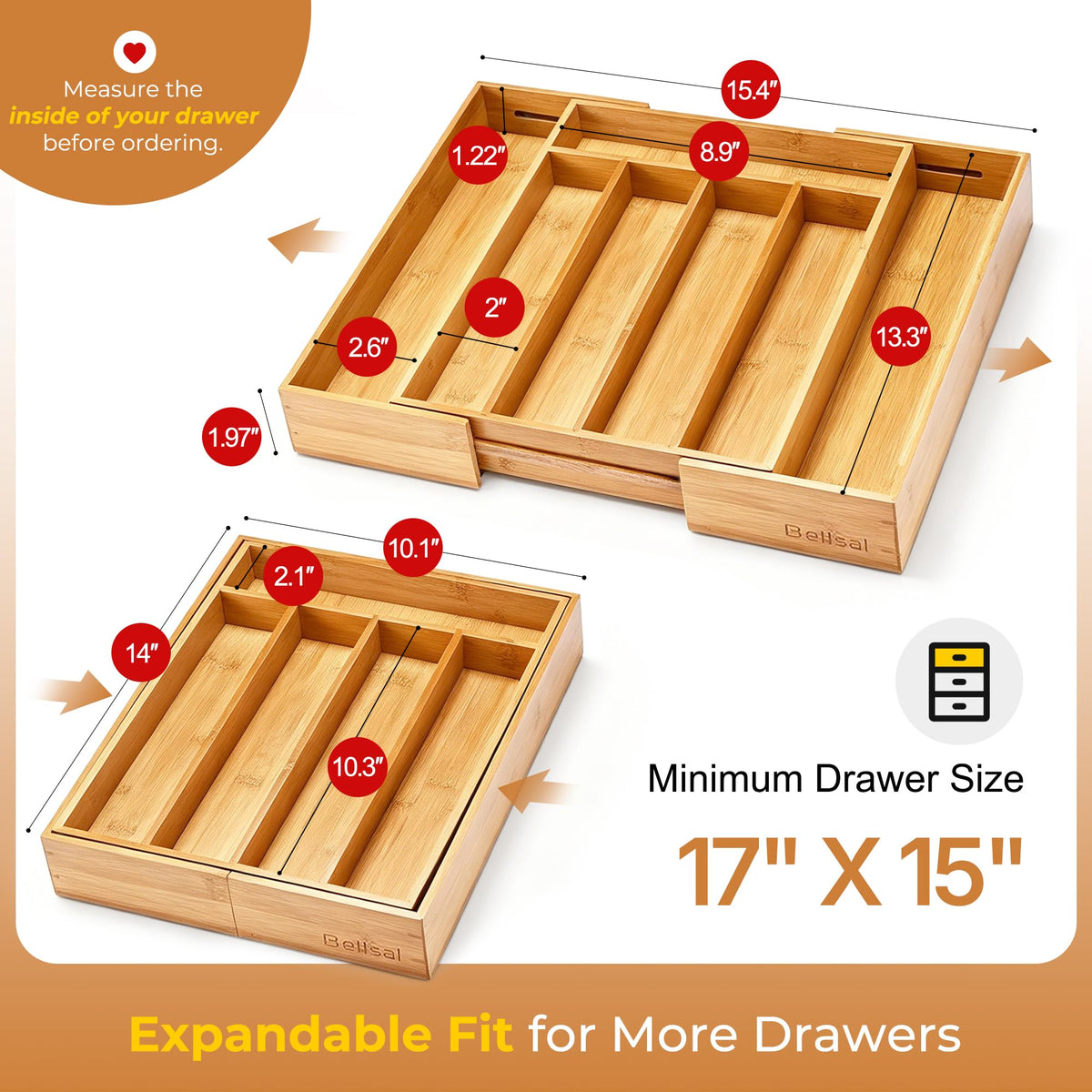 Bellsal Silverware Organizer Kitchen Drawer Organizer Expandable Bamboo Utensil Holder Cutlery Tray for Kitchen Utensil and Flatware Bedroom Office