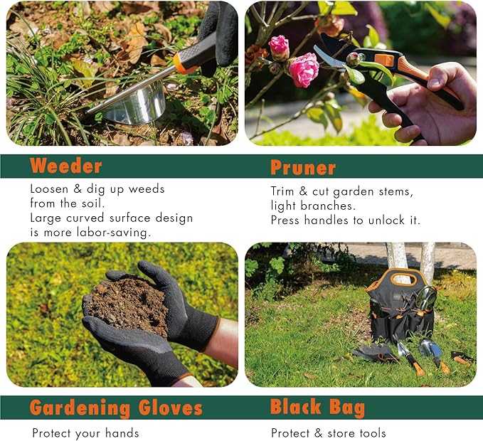 DTRK 8-Piece Large Garden Tool Set 304 Stainless Steel Garden Tool Kit with Handbag,Pruning Shears,Gloves Heavy Duty Gardening Hand Tools with Non-Slip Rubber Grip,Ideal Gifts for Women & Men Orange