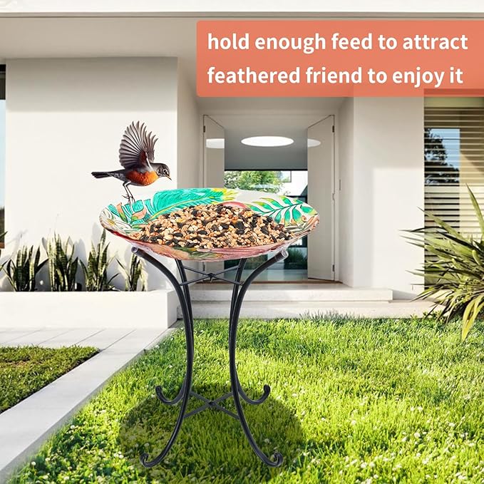 VCUTEKA 18" Outdoor Glass Birdbath with Sturdy Metal Stand for Lawn, Yard, or Garden Decor Bird Lovers Gift, Flamingo Bird Bath Detachable, 22" Height